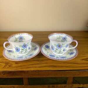Aynsley England Teacups & Saucers Pair | Blue Floral Bone China | Vintage
